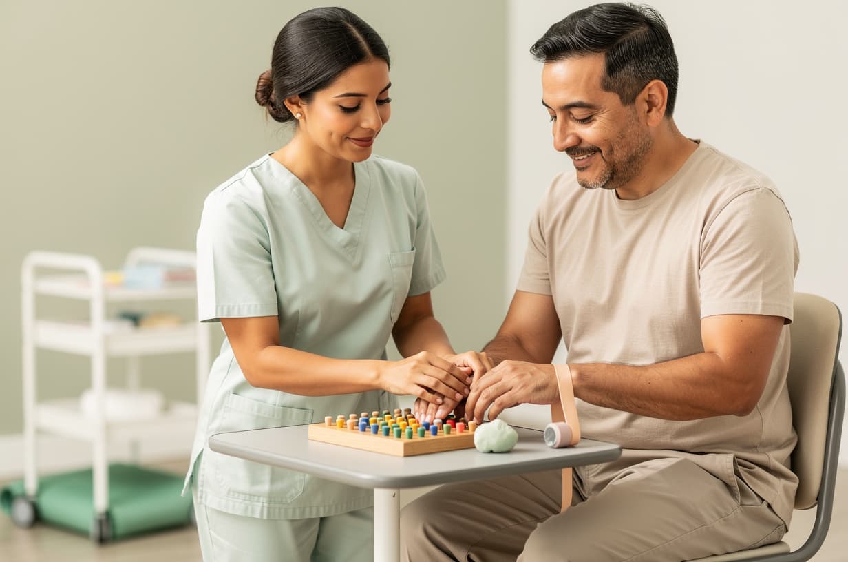 Ilustración: terapia de mano en una clínica de neurorehabilitación en Monterrey